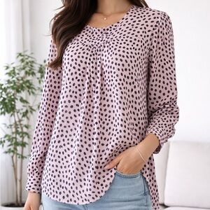 J.Crew Pink Polka Dot Tunic Blouse Women’s M Long Sleeve Pleated Lightweight Top
